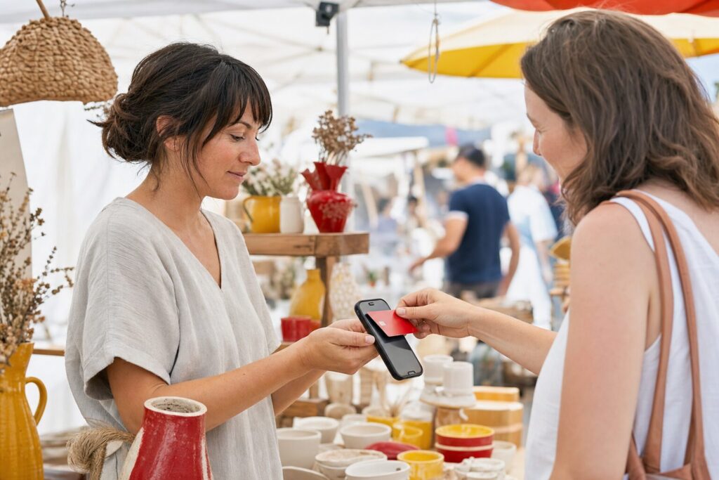Artisane encaissant un paiement sans contact en présentant son smartphone comme terminal de paiement à une cliente sur un marché de plein air, solution sans boîtier pour les commerces ambulants