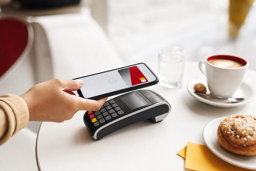Téléphone mobile présenté au-dessus d un terminal de paiement sans contact pour régler un achat avec un portefeuille numérique, le paiement mobile remplace la carte physique en boutique
