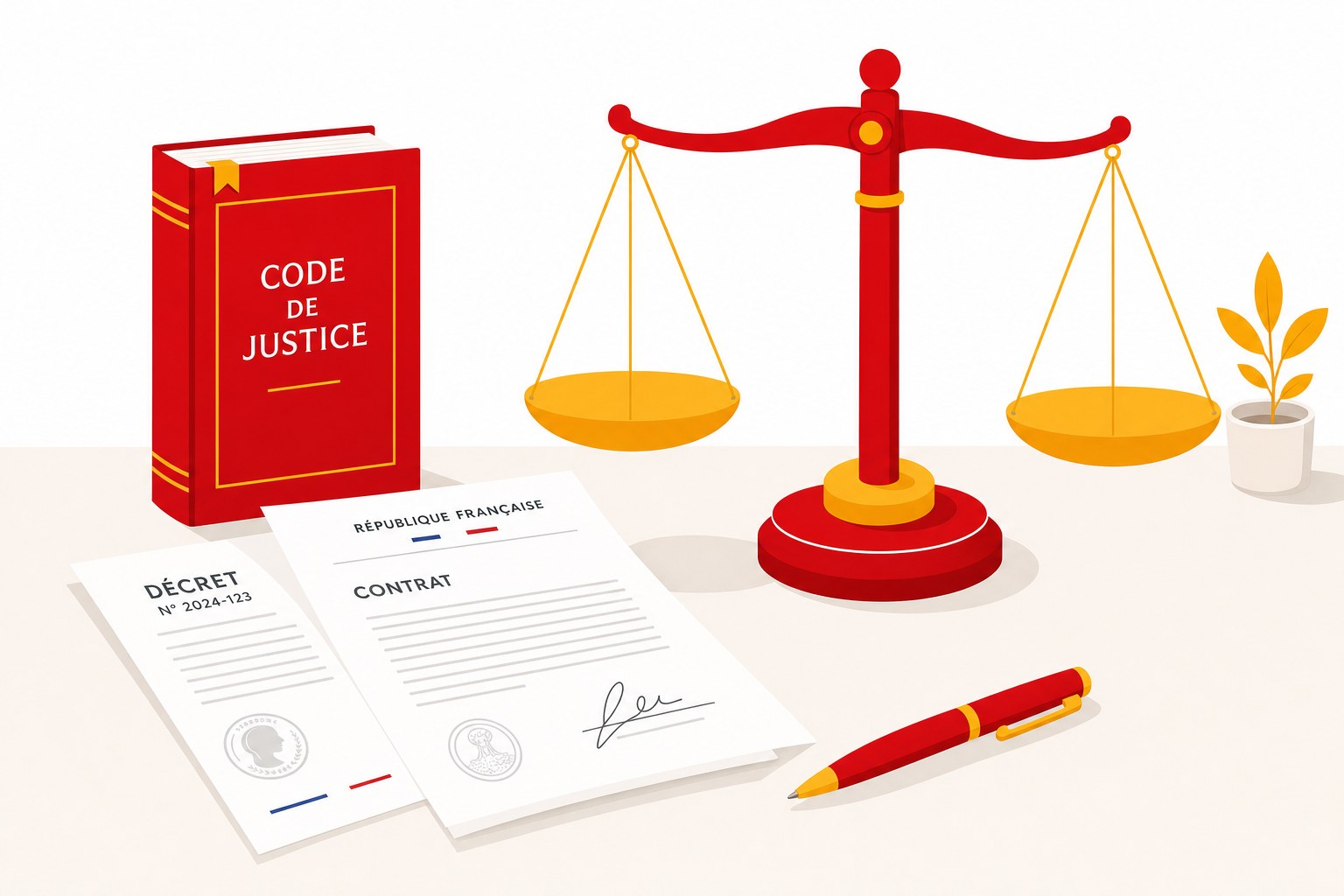 Balance de la justice en rouge et jaune sur fond blanc à côté de documents administratifs, illustrant les amendes prononcées par la CNIL en 2025 pour les TPE et PME