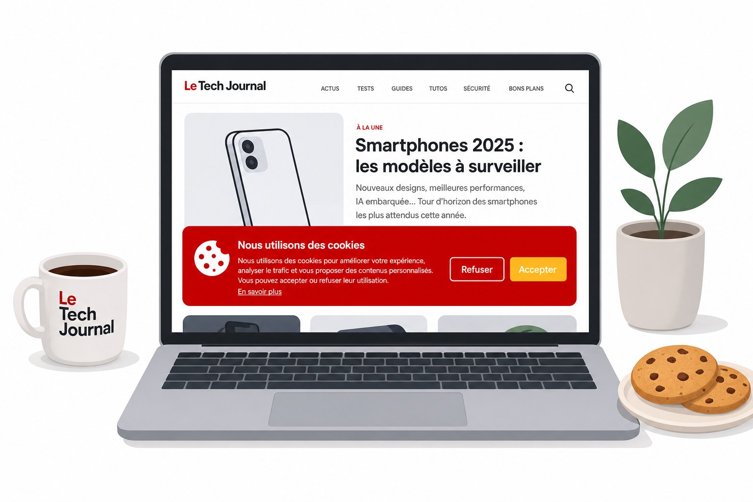 Écran d'ordinateur affichant un bandeau de consentement aux cookies avec boutons accepter et refuser en rouge et jaune, sur fond blanc, pour un article sur la conformité RGPD des sites web