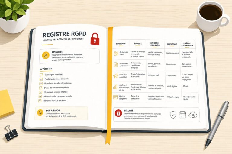 Illustration d'un registre des traitements RGPD ouvert sur un bureau avec liste de vérification et cadenas rouge, pour un article sur la mise en conformité des TPE et PME à la CNIL