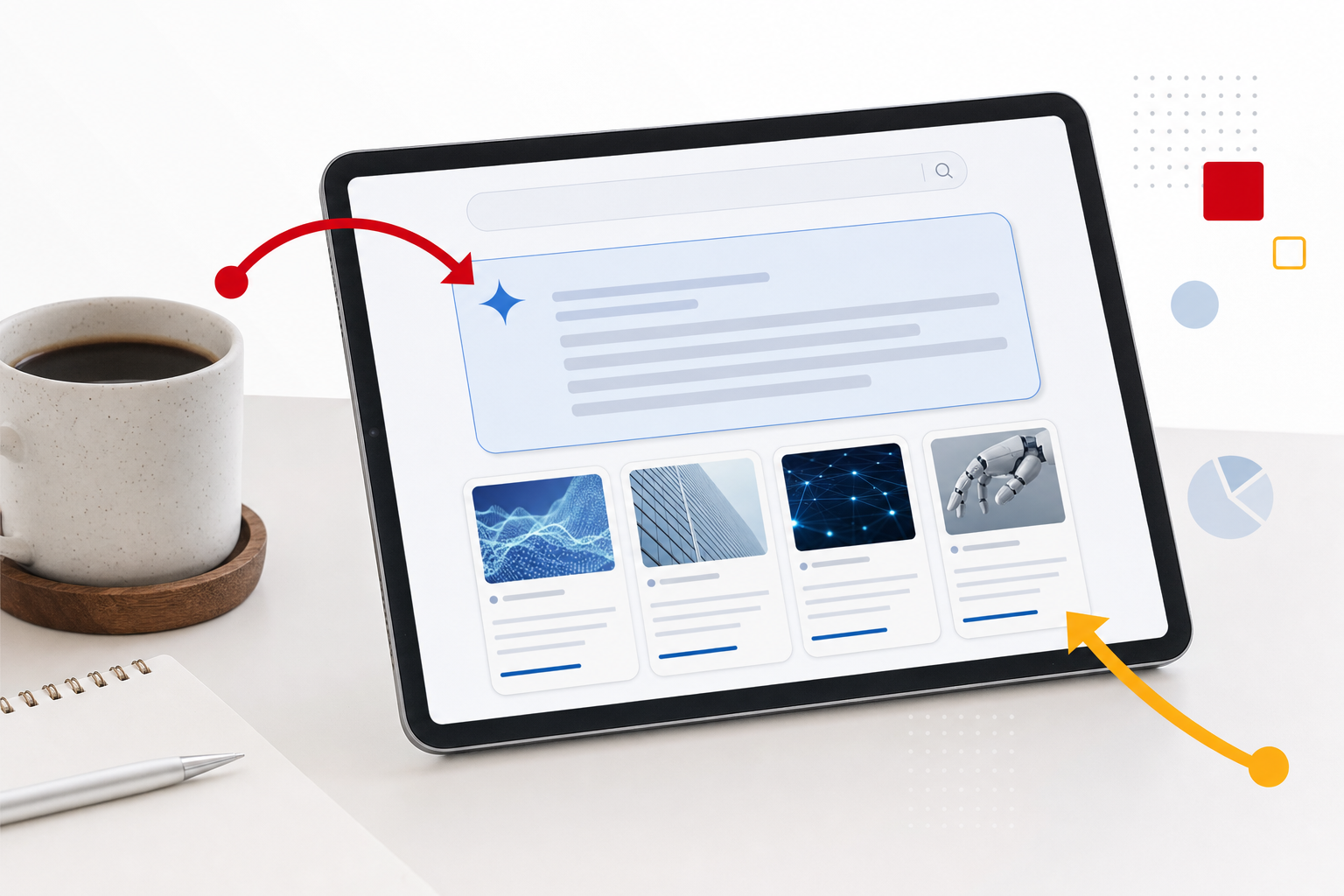 Tablette affichant une page de résultats avec un grand encadré de réponse IA et des cartes d'actualités, illustration sur les Top Stories intégrées dans les AI Overviews de Google