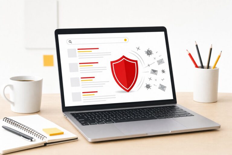 Ordinateur portable affichant une page de résultats de recherche protégée par un bouclier rouge qui repousse les contenus spam, avec une tasse de café et un carnet sur une table en bois, style éditorial blanc rouge et jaune