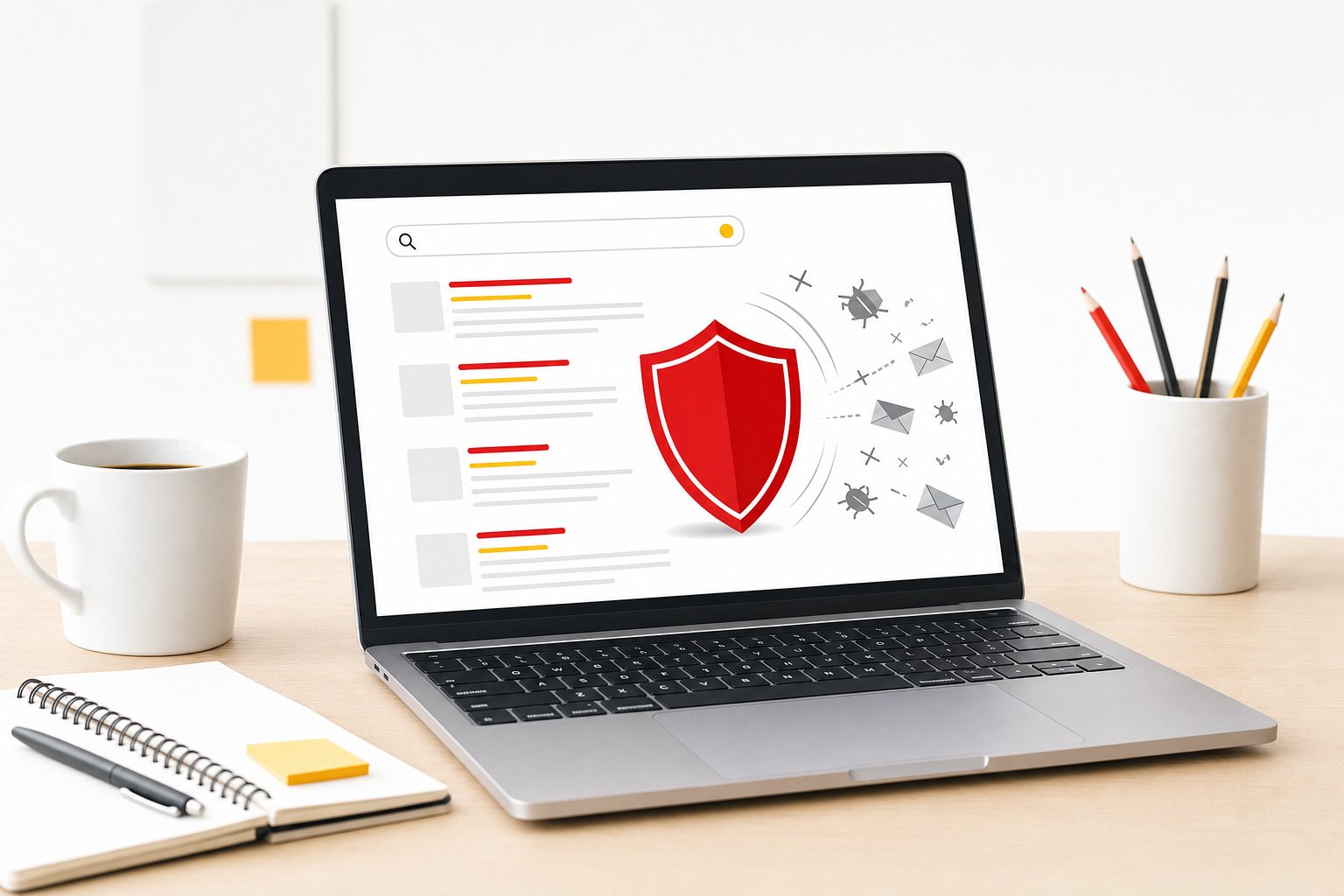 Ordinateur portable affichant une page de résultats de recherche protégée par un bouclier rouge qui repousse les contenus spam, avec une tasse de café et un carnet sur une table en bois, style éditorial blanc rouge et jaune