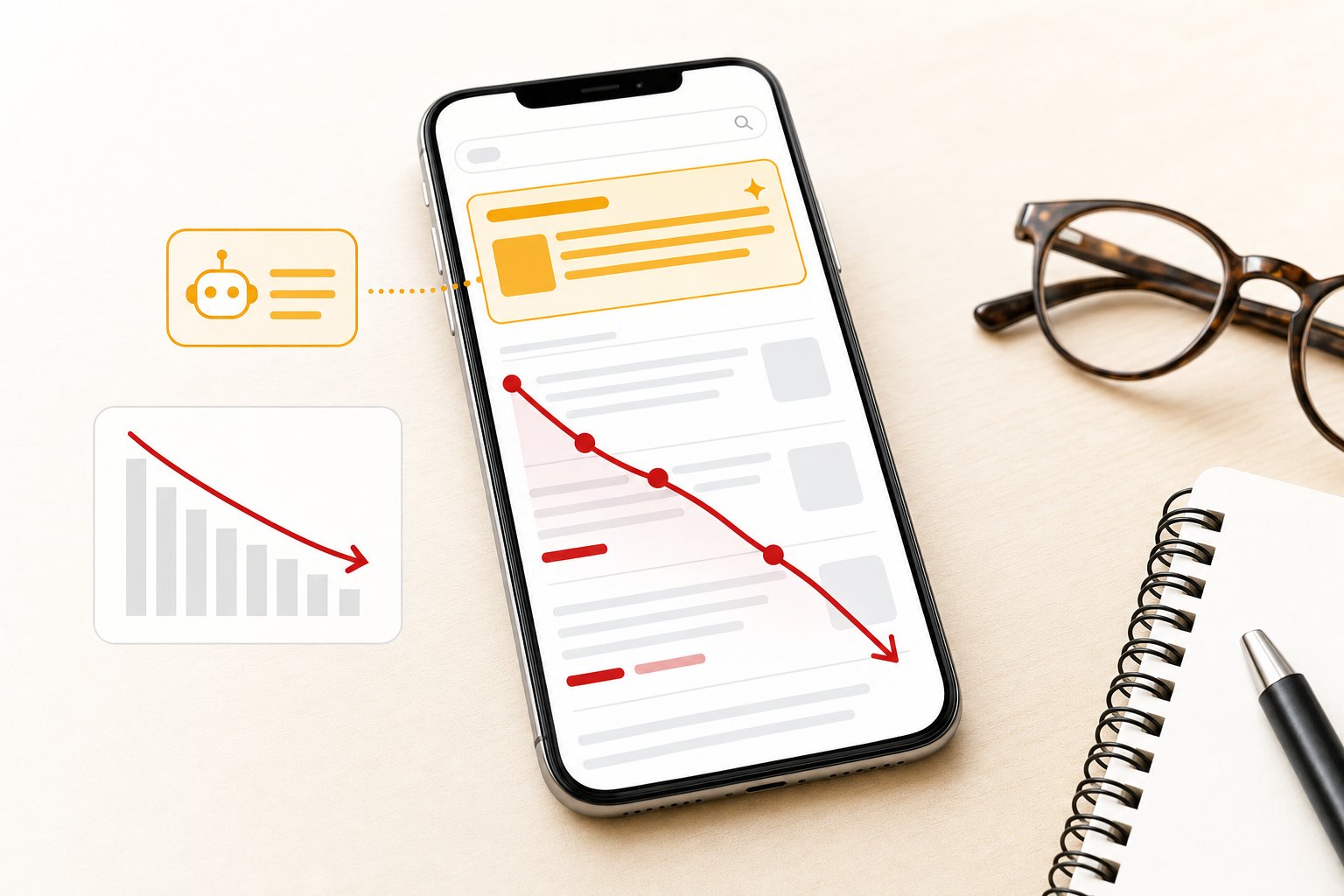 Smartphone posé sur une table en bois montrant une page de résultats de recherche avec un encadré de réponse IA jaune en haut et une courbe de clics descendante rouge, avec un carnet et des lunettes à côté, style éditorial blanc