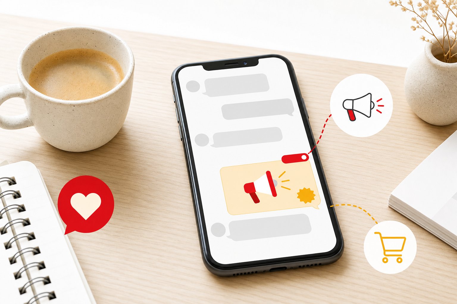 Smartphone posé sur une table en bois affichant une conversation de messagerie avec une bulle publicitaire marquée d'une étiquette rouge et jaune, séparée des messages, avec une tasse de café en céramique, style éditorial blanc