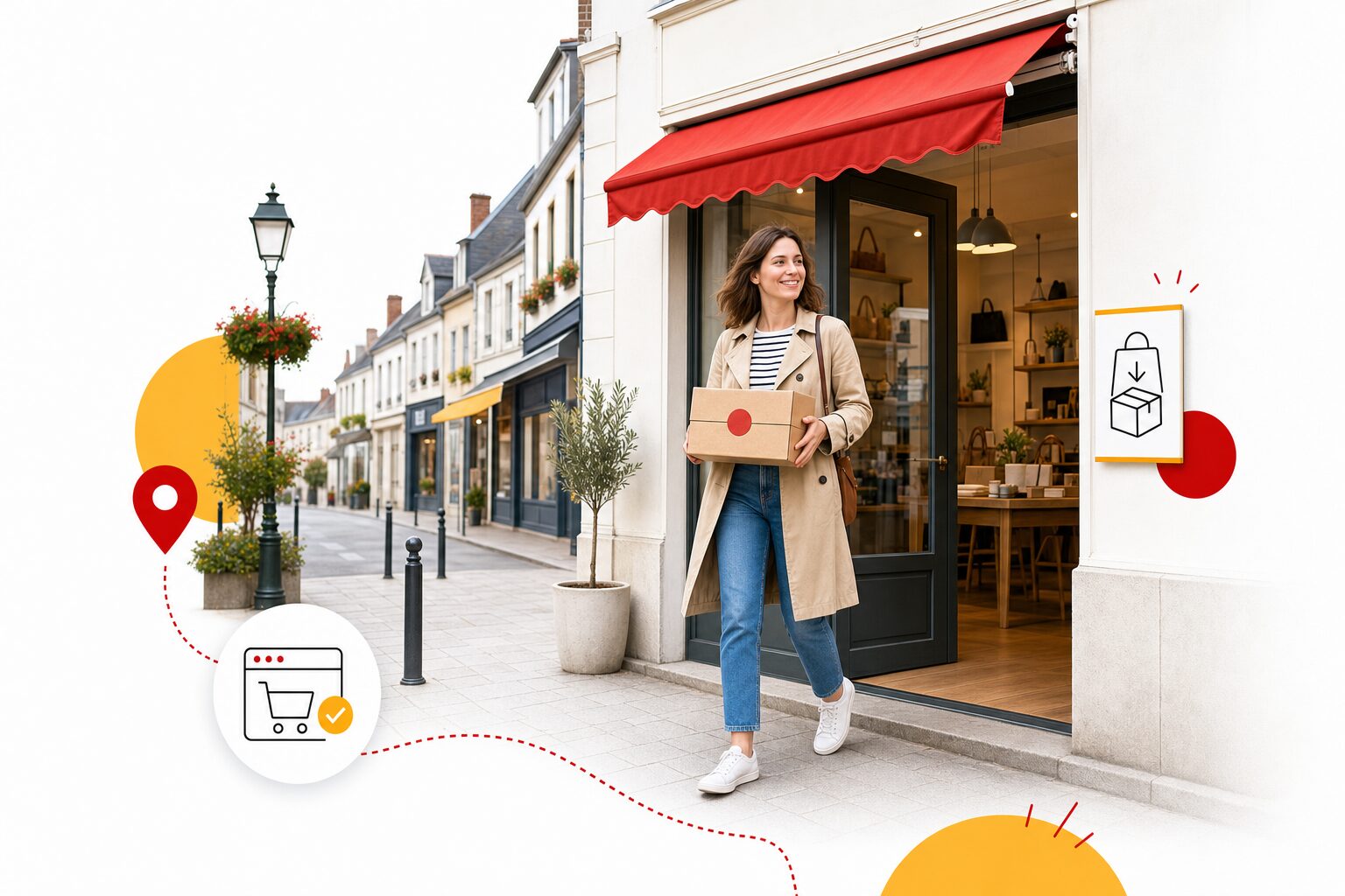 Rue commerçante de petite ville française avec boutique indépendante, cliente sortant avec un paquet sous un store rouge, pictogramme de retrait des commandes click and collect