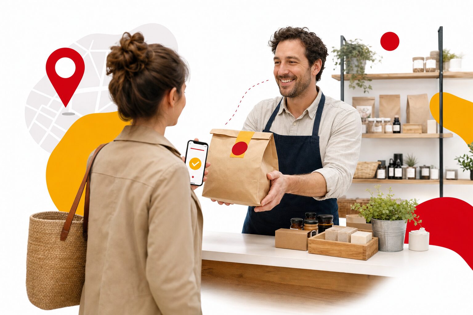 Cliente récupérant une commande click and collect dans une boutique de quartier, le commerçant tend un paquet papier kraft, smartphone avec confirmation de commande en main