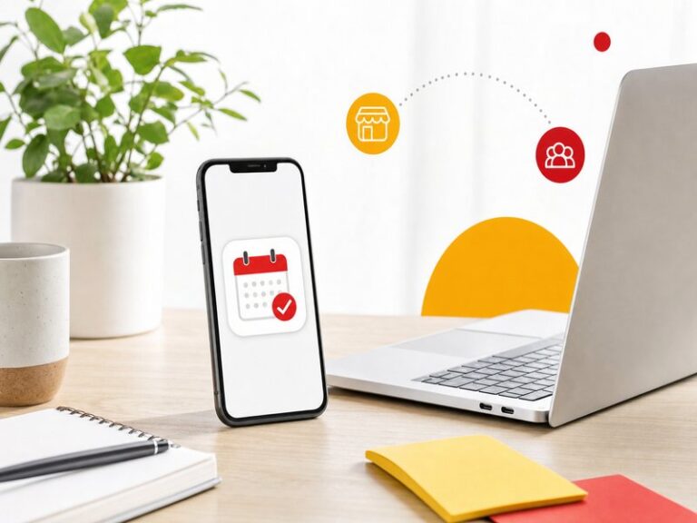 Illustration editoriale : smartphone pose sur un bureau en bois clair avec un site de reservation a l'ecran, a cote d'un ordinateur portable, pour illustrer le choix entre application mobile et site responsive pour une TPE
