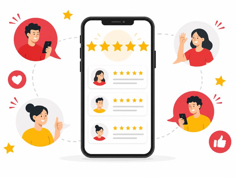 Illustration éditoriale montrant un smartphone affichant une note de cinq étoiles et des avis clients, symbolisant le bouche-à-oreille digital via les avis Google, flat design sur fond blanc avec accents rouges et jaunes
