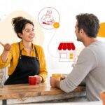 Illustration éditoriale montrant deux personnes qui discutent autour d'un café dans un commerce local, l'une recommandant un artisan à l'autre, style flat design sur fond blanc avec des accents rouges et jaunes, ambiance chaleureuse et sobre