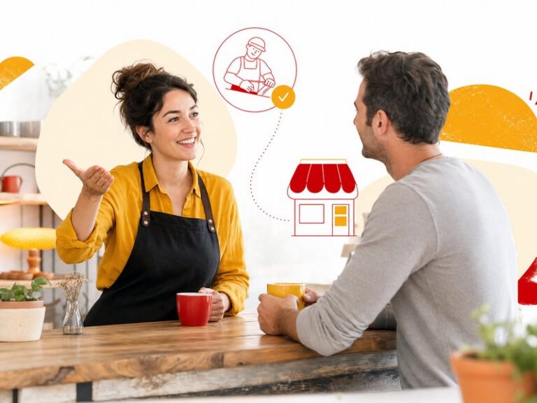 Illustration éditoriale montrant deux personnes qui discutent autour d'un café dans un commerce local, l'une recommandant un artisan à l'autre, style flat design sur fond blanc avec des accents rouges et jaunes, ambiance chaleureuse et sobre