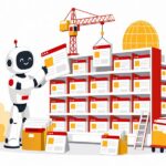 Robot assemblant une bibliotheque geante de pages web, symbole d'un index de recherche construit par une IA, illustration editoriale aux accents rouge et jaune sur fond clair
