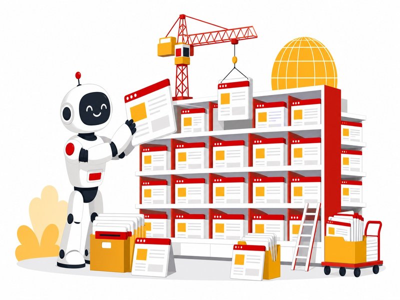 Illustration editoriale representant un robot assemblant une bibliotheque geante de pages web, symbole d'un index de recherche construit par une IA, accents rouge et jaune sur fond clair