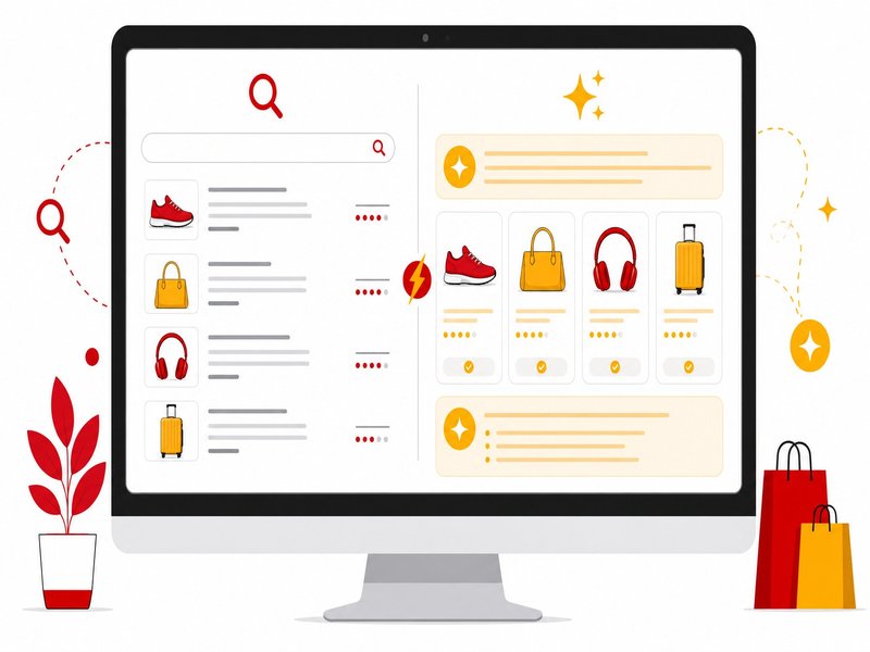 Illustration editoriale d'un ecran montrant des resultats de shopping compares entre un moteur de recherche classique et une IA generative, accents rouge et jaune sur fond clair
