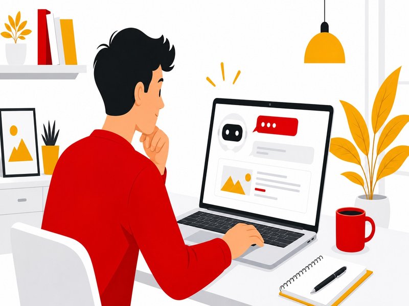 Illustration editoriale d'une personne testant la visibilite de son site sur un assistant IA depuis un ordinateur portable, accents rouge et jaune sur fond clair