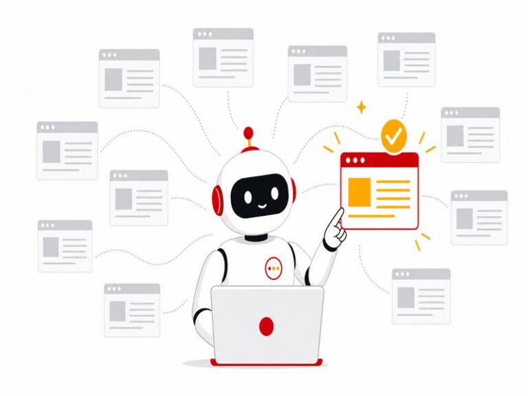 Assistant IA entoure de pages web et selectionnant une seule a citer, symbole de citation par une IA generative, illustration editoriale aux accents rouge et jaune sur fond clair