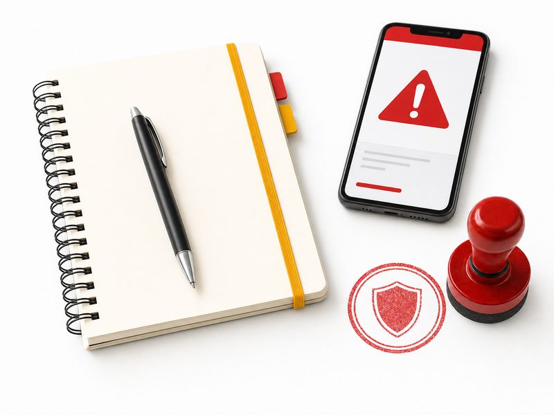 Carnet de notes, stylo, smartphone affichant une alerte et tampon officiel rouge évoquant le dépôt de plainte après une cyberattaque, illustration éditoriale claire aux accents rouge et jaune normands