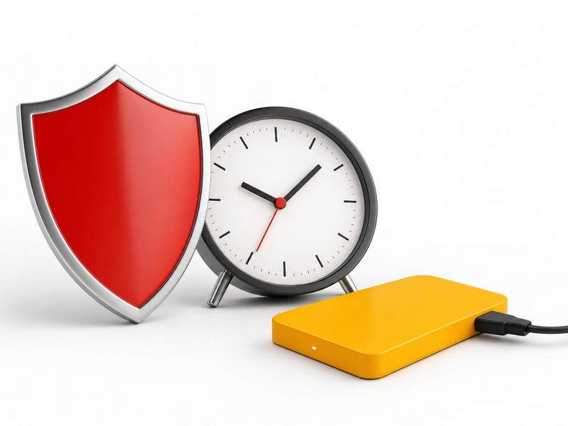 Bouclier rouge, horloge de bureau et disque dur externe jaune symbolisant la protection des données, le délai de 72 heures et la sauvegarde, illustration éditoriale claire aux accents rouge et jaune normands
