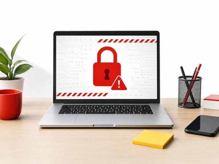 Ordinateur portable affichant un avertissement de piratage avec un cadenas rouge, post-it jaune et smartphone posés sur un bureau en bois clair, illustration éditoriale claire aux accents rouge et jaune normands