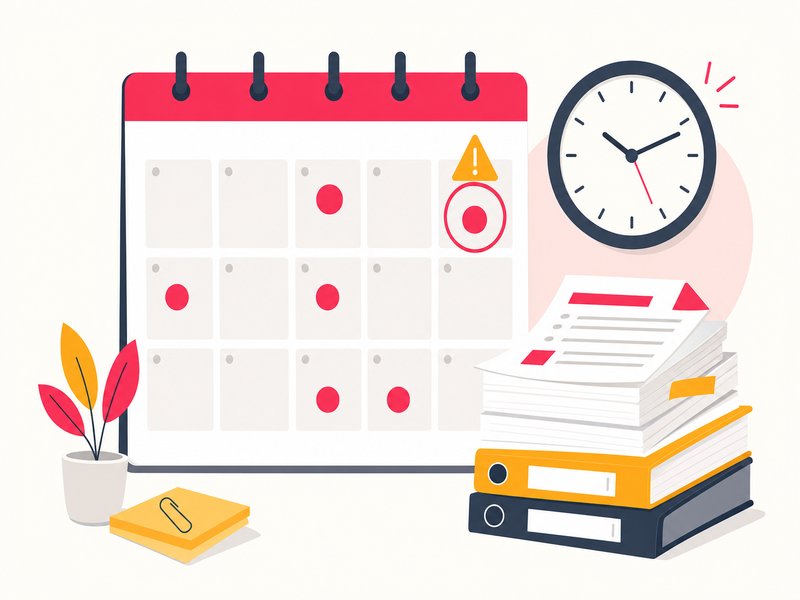 Calendrier avec dates marquées d'une pastille, horloge et documents, symbole des échéances e-reporting 2027 pour TPE