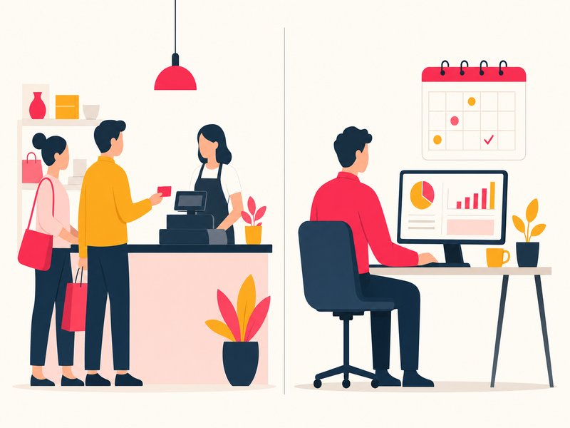 Commerçant avec caisse et clients particuliers face à un consultant avec calendrier d'échéances, illustration du e-reporting pour TPE