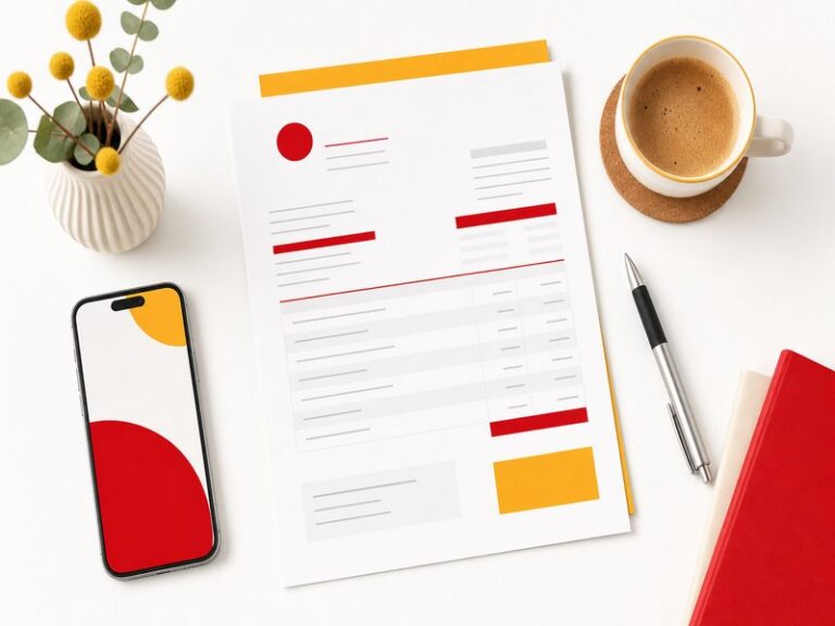 Facture d'auto-entrepreneur posée sur un bureau avec stylo et smartphone : illustration des mentions obligatoires à vérifier avant tout envoi à un client