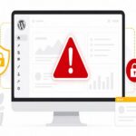 Ecran d'ordinateur affichant un avertissement de securite rouge sur un site WordPress, illustration editoriale aux accents rouge et jaune sur fond clair