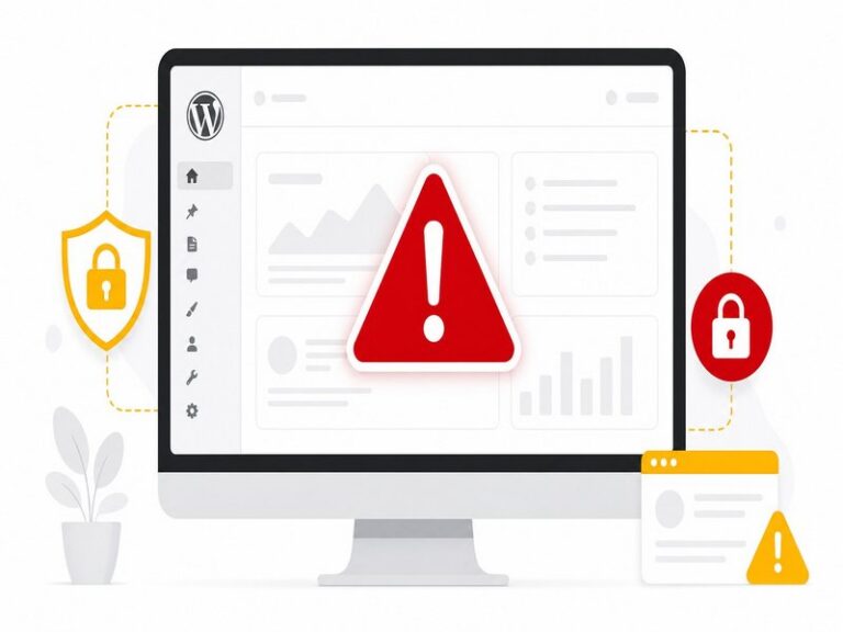 Ecran d'ordinateur affichant un avertissement de securite rouge sur un site WordPress, illustration editoriale aux accents rouge et jaune sur fond clair