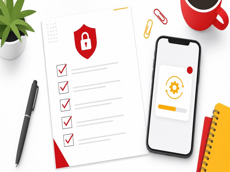 Liste de contrôle de sécurité imprimée posée sur un bureau avec un smartphone montrant une mise à jour d'application, illustration éditoriale aux accents rouge et jaune sur fond clair