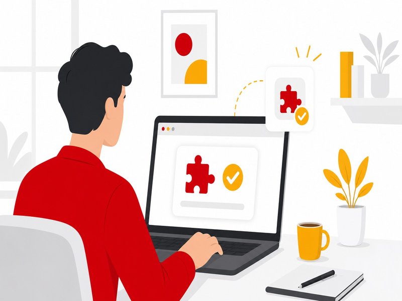 Développeuse vérifiant la version d'une extension dans l'administration WordPress sur un ordinateur portable, illustration éditoriale aux accents rouge et jaune sur fond clair