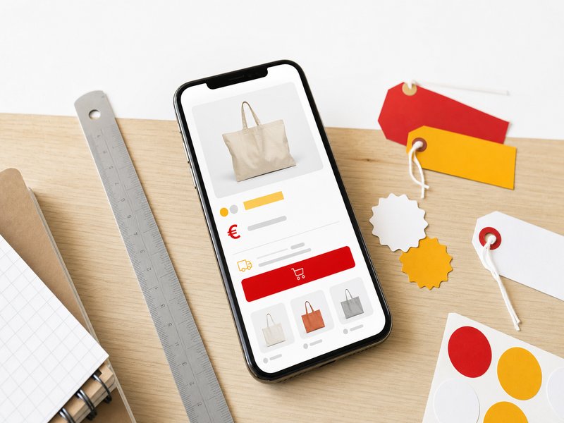 Fiche produit de vente en ligne affichant le prix TTC et les frais de livraison sur un smartphone posé sur une table en bois, illustration éditoriale claire aux accents rouge et jaune de la Normandie