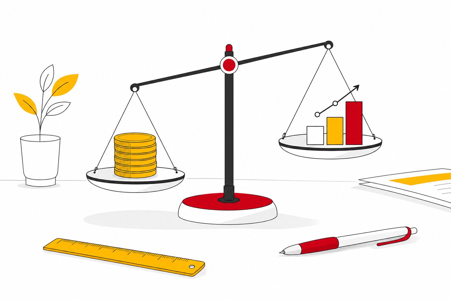 Balance illustrant l'arbitrage entre budget publicitaire et performance d'une campagne Google Ads, illustration éditoriale aux accents rouge framboise et jaune sur fond blanc