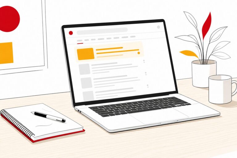Ordinateur portable sur un bureau affichant une page de résultats de recherche avec une annonce publicitaire en haut, illustration éditoriale aux accents rouge et jaune, symbole du lancement d'une première campagne Google Ads pour une TPE