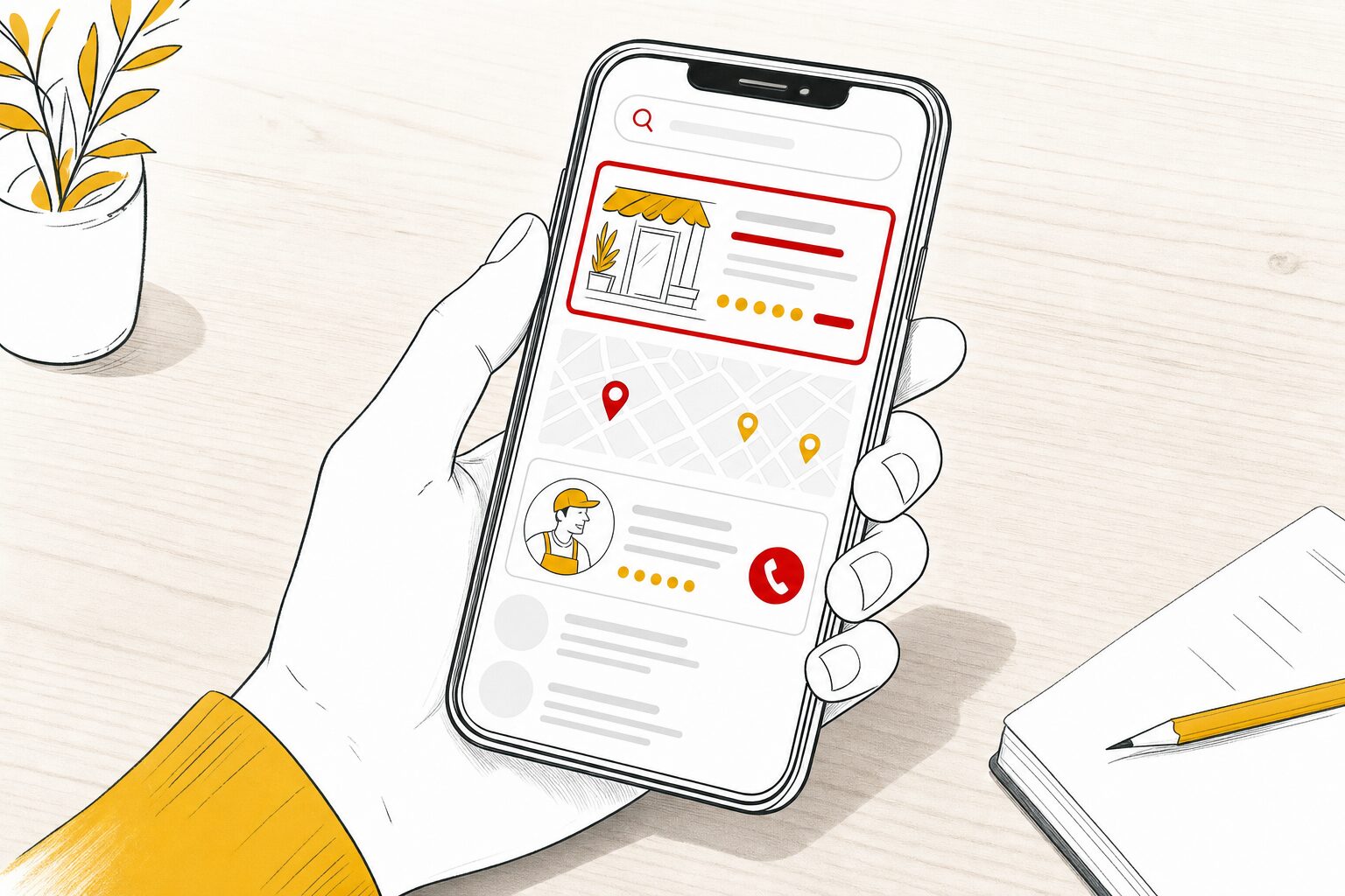 Smartphone affichant un résultat de recherche local avec une annonce et une fiche d'artisan, illustration éditoriale rouge et jaune sur fond clair, composants lieu et appel recommandés par Google Ads