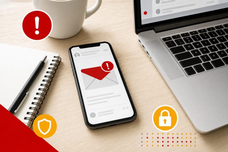 Email frauduleux sur un smartphone posé sur un bureau : un message suspect avec une alerte rouge à côté d'un ordinateur portable, illustration éditoriale sur la cybersécurité des petites entreprises