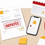 Facture impayée posée sur un bureau à côté d'un smartphone affichant une notification de rappel de paiement, illustration éditoriale aux accents rouge et jaune
