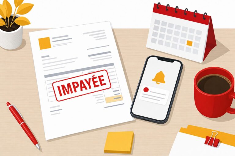 Facture impayée posée sur un bureau à côté d'un smartphone affichant une notification de rappel de paiement, illustration éditoriale aux accents rouge et jaune