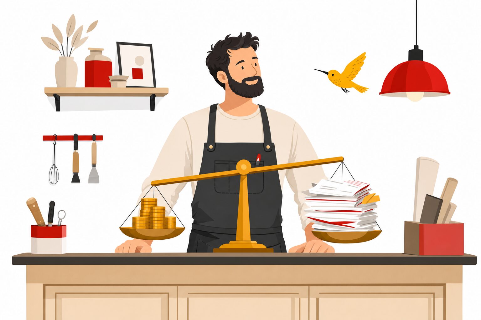Artisan derrière son comptoir avec une pile de factures d'un côté et des pièces de trésorerie de l'autre, illustration éditoriale sur la trésorerie des TPE aux accents rouge et jaune