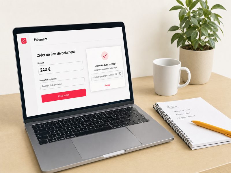 Ordinateur portable sur un bureau en bois affichant un écran de création de lien de paiement avec un montant de 240 euros et un bouton rouge, à côté d'un carnet et d'un crayon jaune, illustration pour une TPE