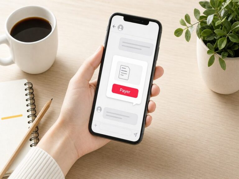 Main tenant un smartphone au-dessus d'un bureau en bois clair avec une messagerie affichant un bouton de paiement rouge, illustration du lien de paiement envoyé par message à un client pour encaisser à distance