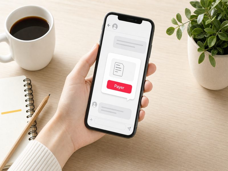 Main tenant un smartphone au-dessus d'un bureau en bois clair avec une messagerie affichant un bouton de paiement rouge, illustration du lien de paiement envoyé par message à un client pour encaisser à distance