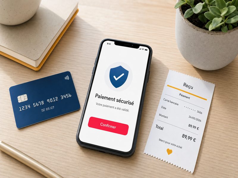 Carte bancaire bleu marine et smartphone affichant une validation de paiement sécurisé avec bouclier, à côté d'un reçu papier sur une table en bois, illustration de l'authentification forte DSP2