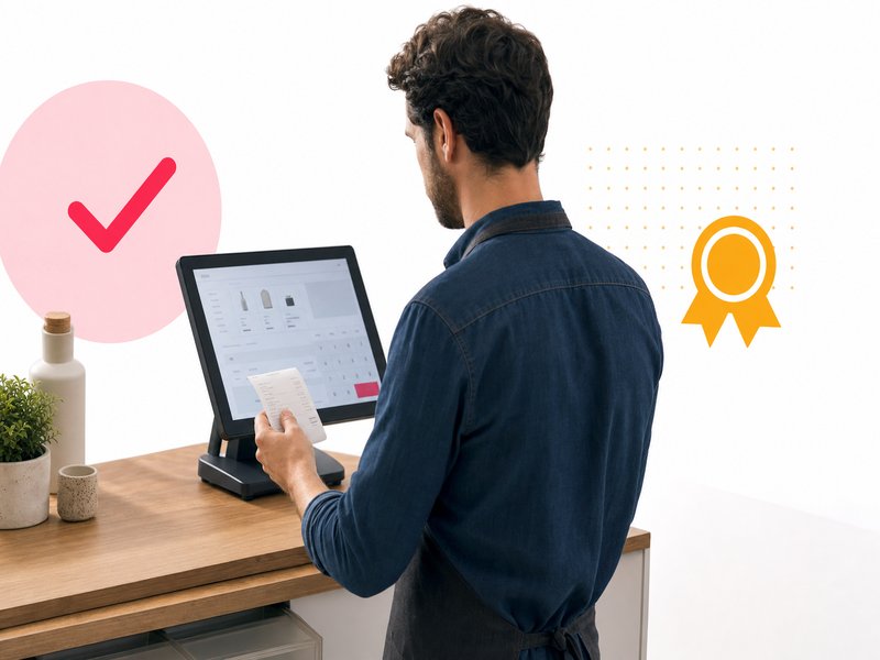 Commerçant de dos consultant une tablette de caisse sur son comptoir avec un ticket de caisse en main, illustration éditoriale sobre aux accents rose et jaune sur la mise en conformité des logiciels de caisse pour les TPE