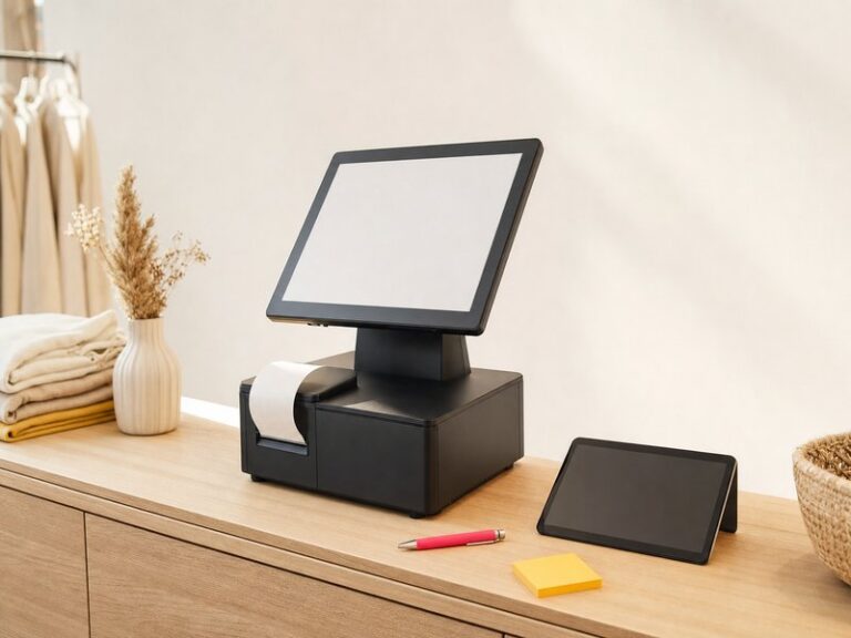 Caisse enregistreuse moderne à écran tactile posée sur un comptoir en bois clair avec un ticket de caisse et une tablette, illustration éditoriale claire aux accents rose et jaune pour expliquer l'obligation de logiciel de caisse certifié
