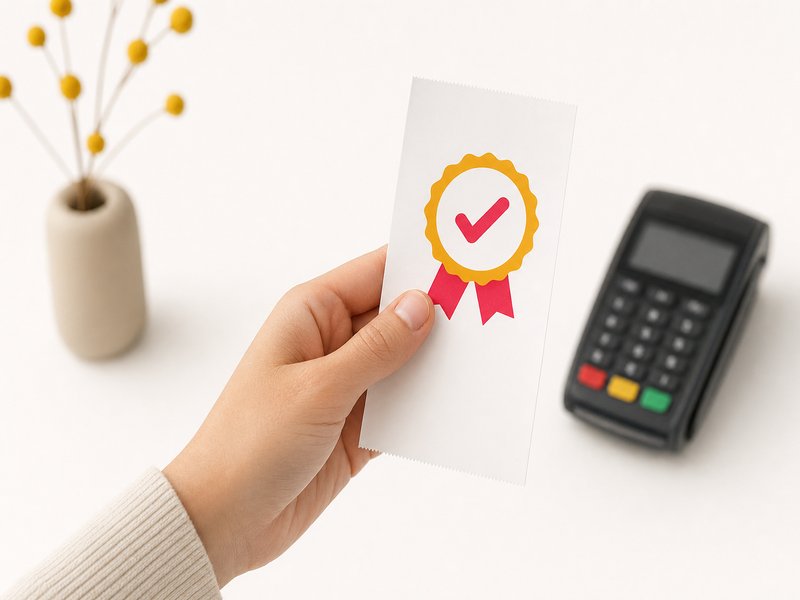 Main tenant un ticket de caisse portant un badge de certification rond avec une coche, terminal de paiement en arrière-plan, illustration claire aux accents rose et jaune sur la certification des logiciels de caisse