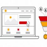 Illustration d'une landing page affichée sur un écran d'ordinateur avec un bouton d'appel à l'action cliqué et un entonnoir de conversion, style flat design blanc, rouge et jaune