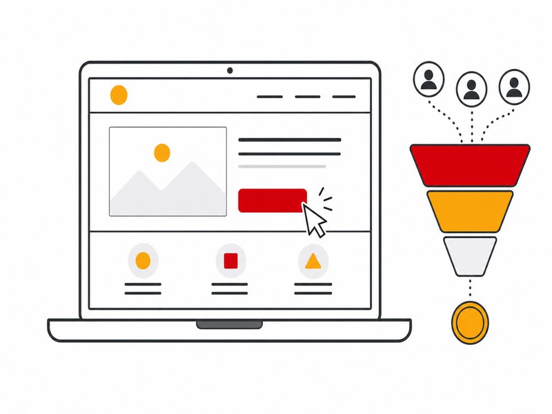 Illustration d'une landing page affichée sur un écran d'ordinateur avec un bouton d'appel à l'action cliqué et un entonnoir de conversion, style flat design blanc, rouge et jaune