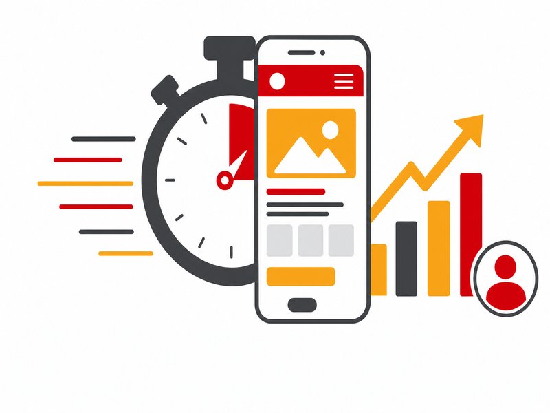 Chronomètre fusionné avec un smartphone affichant une page web rapide et une flèche de conversion montante, symbolisant la vitesse de chargement mobile, style flat design blanc, rouge et jaune