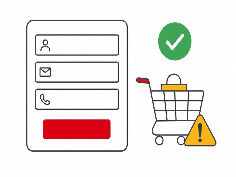 Formulaire de contact court à trois champs avec bouton rouge et coche verte, à côté d'un panier abandonné avec triangle d'avertissement, style flat design blanc, rouge et jaune